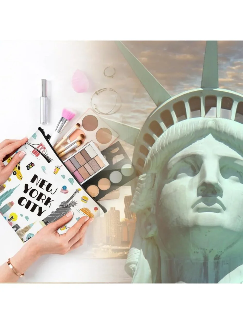 9 Pcs New York Cosmetic Bag Set - Zipper Pouch Makeup Purse for Travel & Gifts